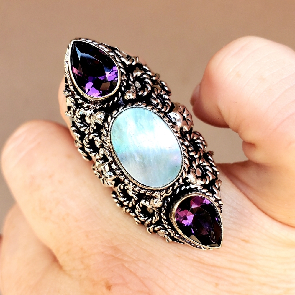 New Abalone Shell & Amethyst 925 Silver Statement Ring.
